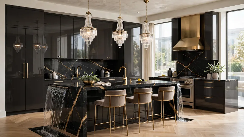 Luxe modern kitchen with high-gloss charcoal cabinets, black marble waterfall island and crystal pendants – home decor idea