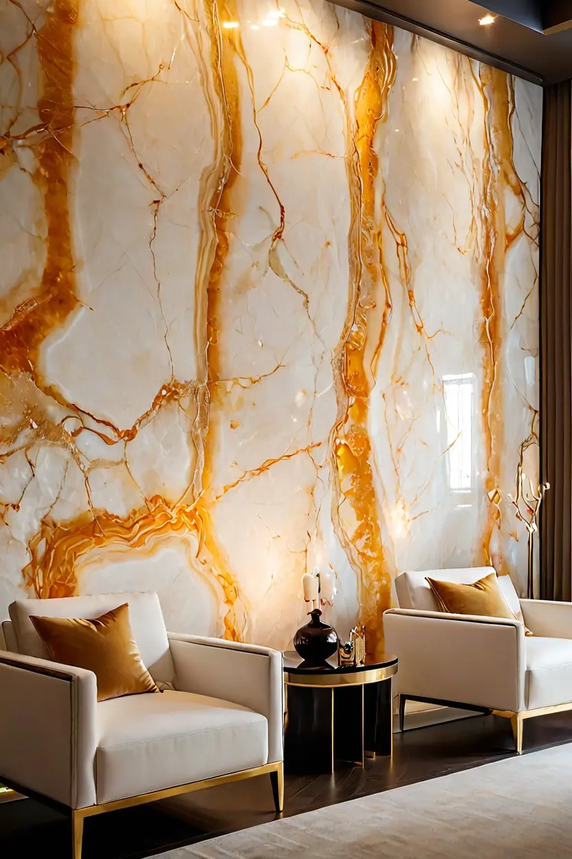 Backlit Onyx Marble Backlit white onyx marble wall texture design glowing in a luxury lounge