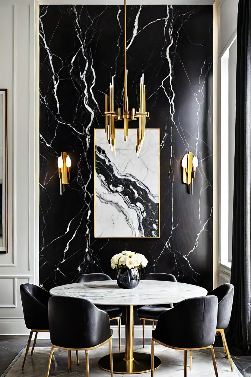 Bookmatched Nero Marquina Bookmatched Nero Marquina black marble wall texture design in a modern dining room