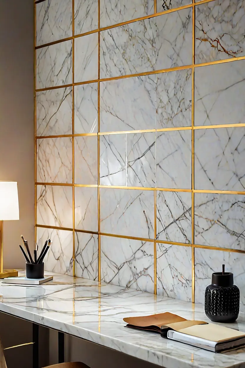 Brushed Gold Inlaid Marble Squares White marble square tiles with gold inlay create a sophisticated marble wall texture design.