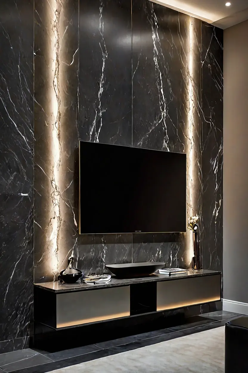 Charcoal Soapstone Finish Marble Dark charcoal marble wall texture design provides a moody backdrop for a media room.