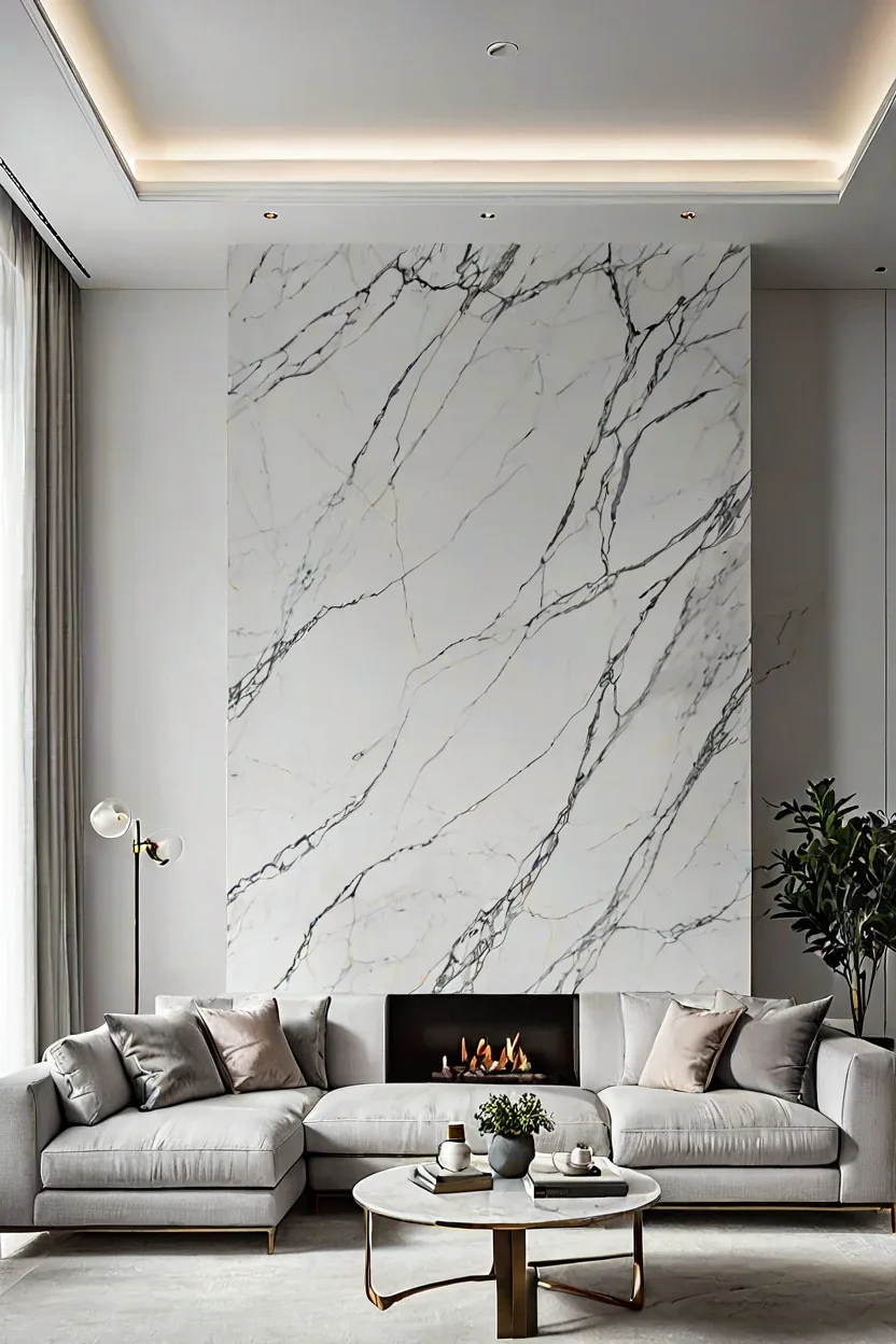 Classic Carrara Slab Floor to ceiling white Carrara marble wall texture design in a modern minimalist living room