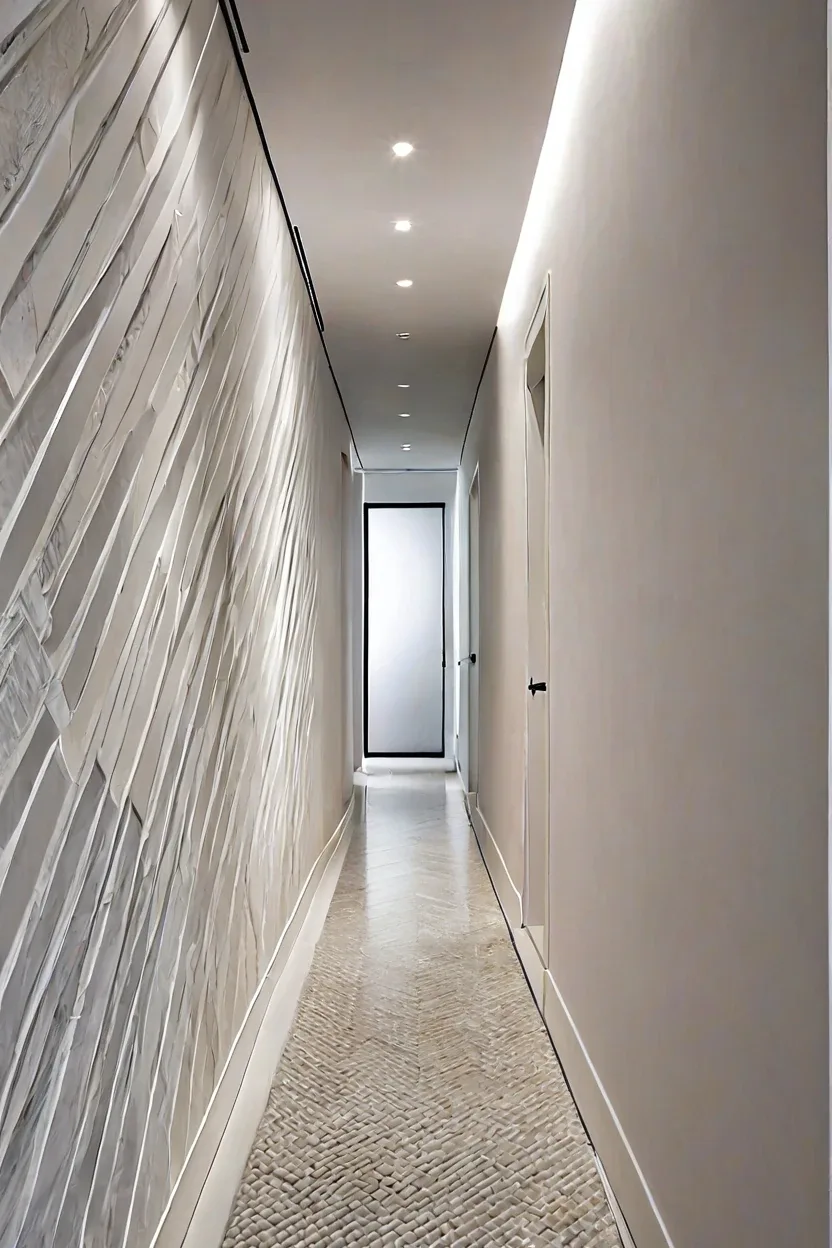 Curved Chevron Thassos Panels Pure white Thassos chevron marble wall texture design brightens a narrow residential hallway.