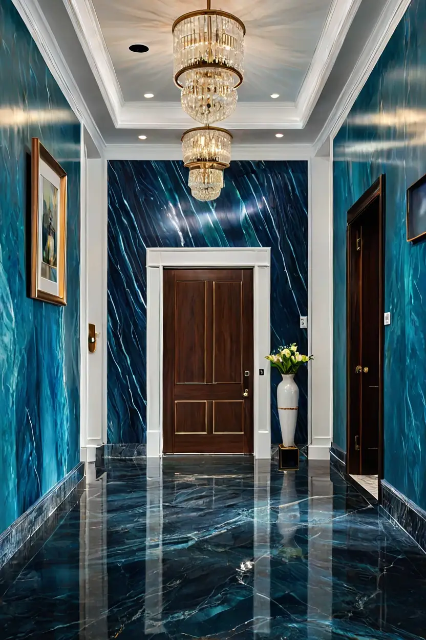 Dramatic Blue Macauba Panels Vibrant blue Macauba marble wall texture design serves as a stunning art piece in a foyer.