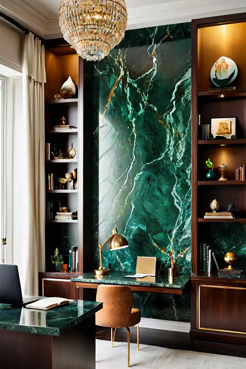 Emerald Green Feature Rich emerald green marble wall texture design in a sophisticated home office