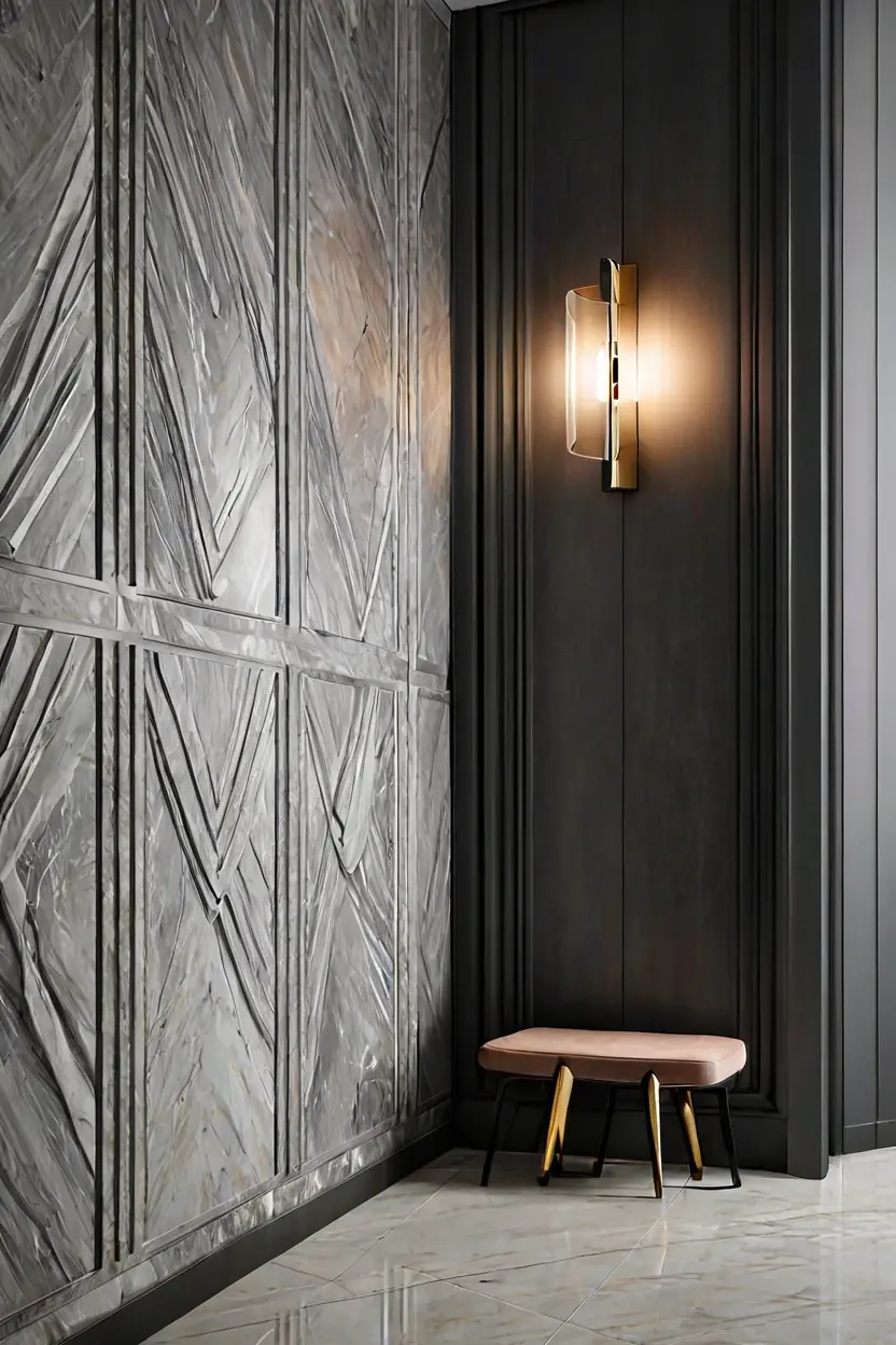 Geometric 3D Carved Tiles Dimensional 3D carved grey marble wall texture design in a narrow hallway