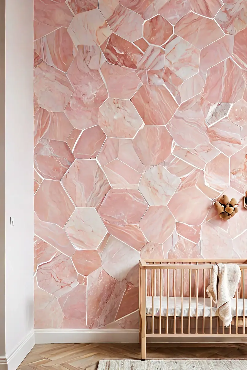 Hexagonal Pink Marble Honeycomb Soft pink hexagonal marble wall texture design creates a gentle aesthetic in a nursery.