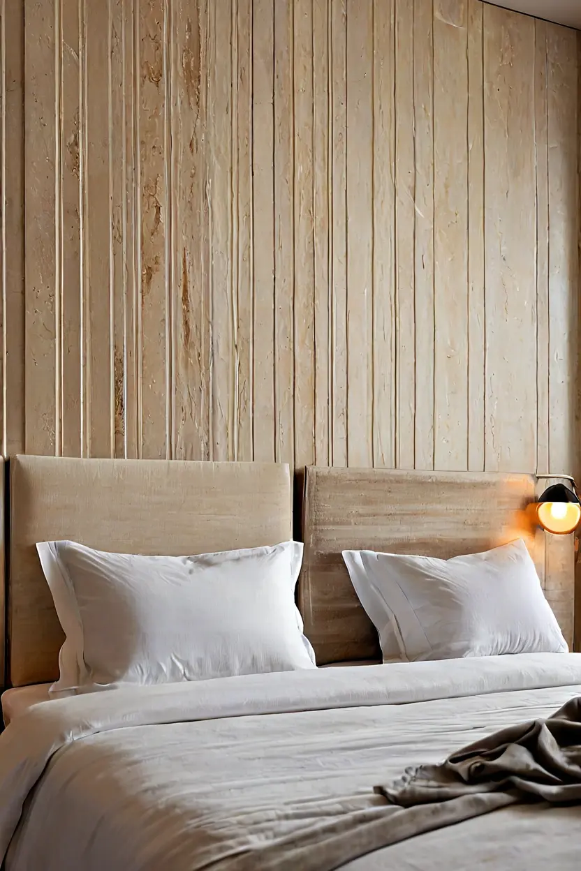Honed Travertine Finish Honed beige travertine marble wall texture design behind a modern bed