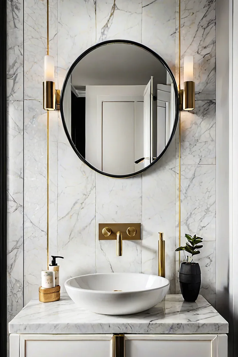 Inlaid Brass Striping White marble wall texture design with brass strips in a modern powder room