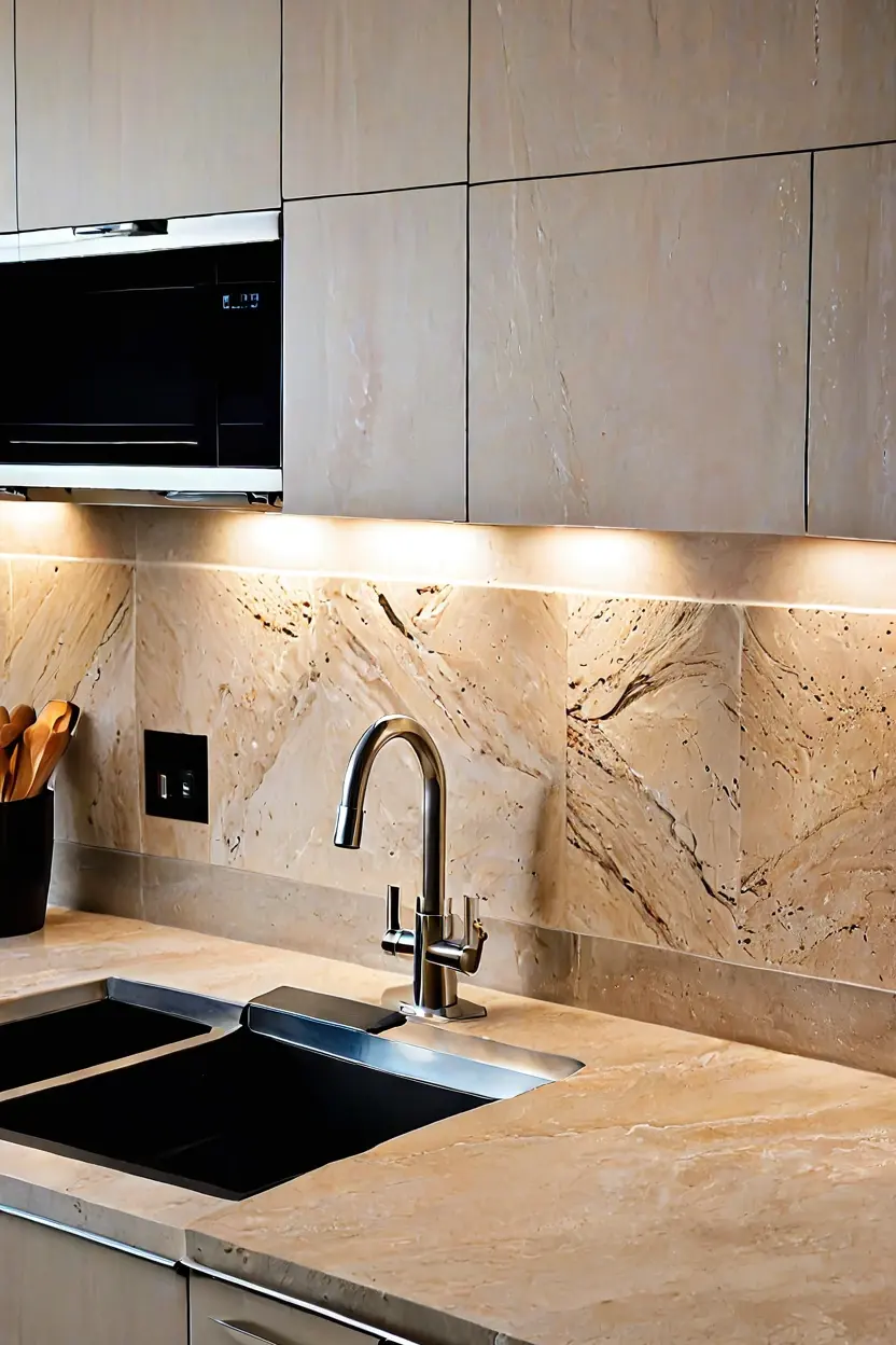 Large Format Beige Travertine Blocks Large format beige travertine marble wall texture design creates an earthy kitchen backdrop.