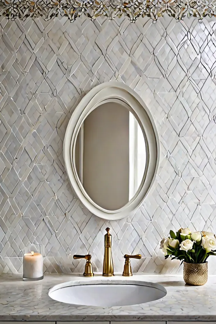 Matte White Arabesque Mosaic Matte white arabesque mosaic tiles create a refined marble wall texture design in a modern bathroom.