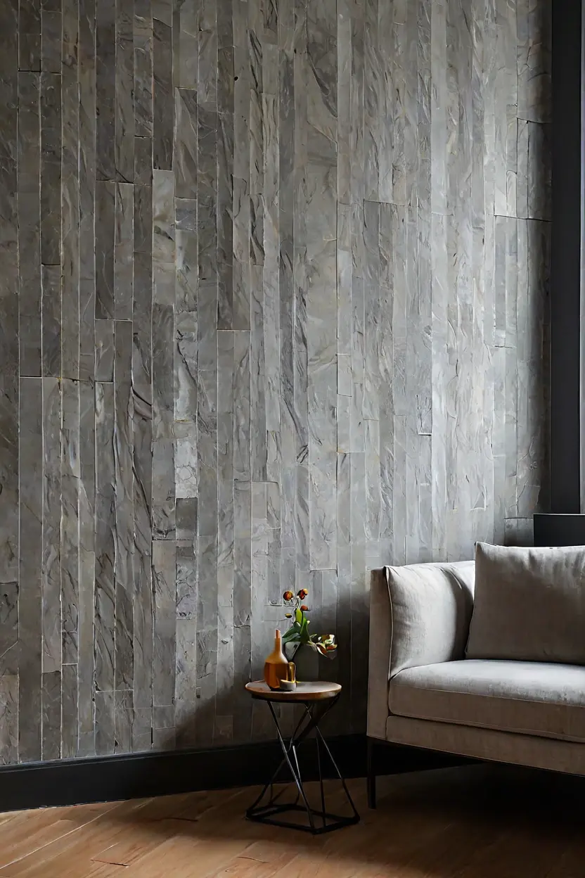 Pewter Grey Textured Brick Tumbled pewter grey brick marble wall texture design brings rustic charm to a living space.