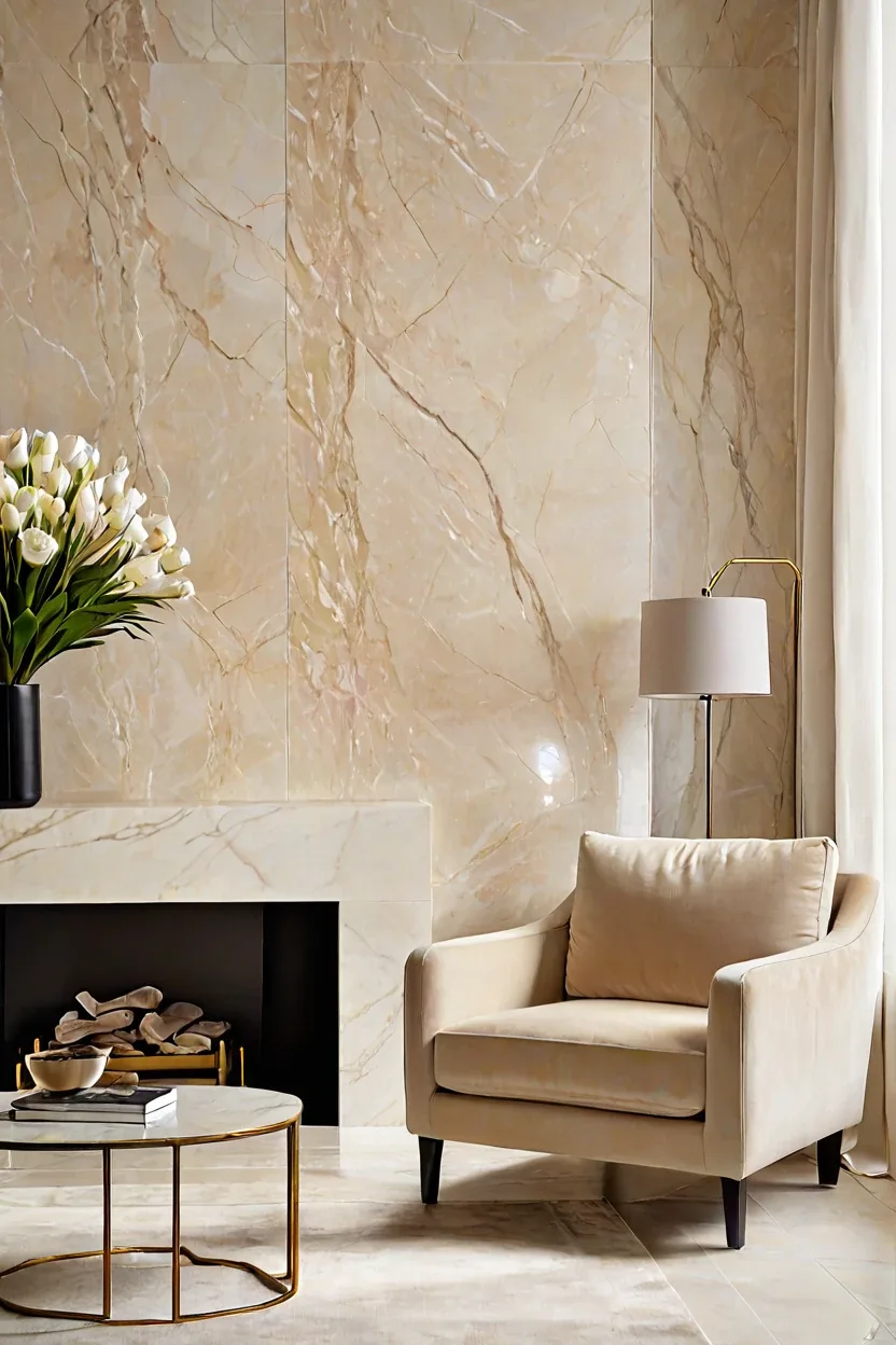Polished Crema Marfil Polished Crema Marfil marble wall texture design in a bright living room