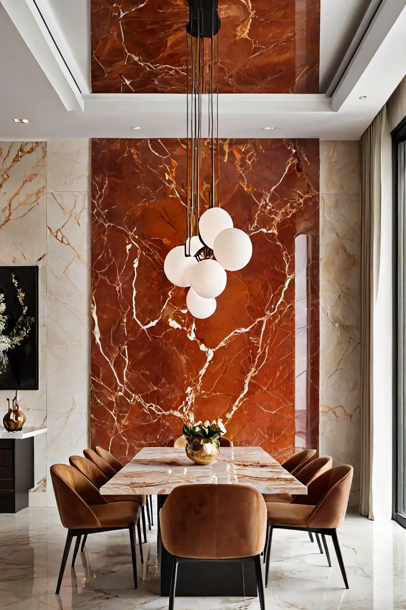 Rust Red Emperador Slab Rich rust red Emperador marble wall texture design adds warm luxury to a formal dining area.