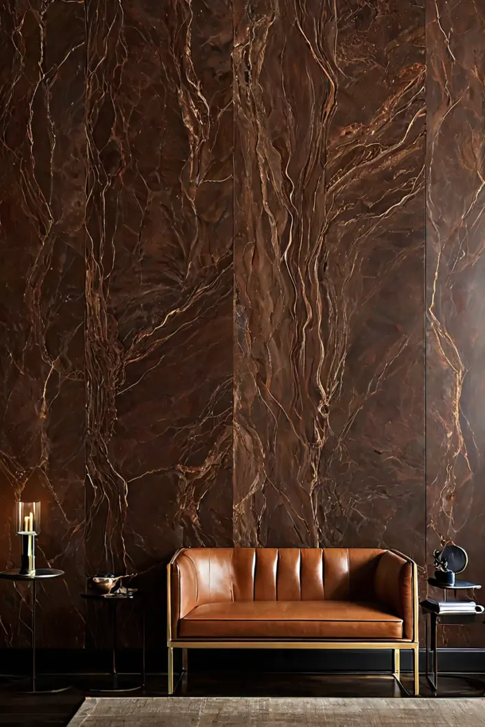 Smoked Chocolate Vein Cut Slab Smoked chocolate vein cut marble wall texture design adds warmth to a home library.