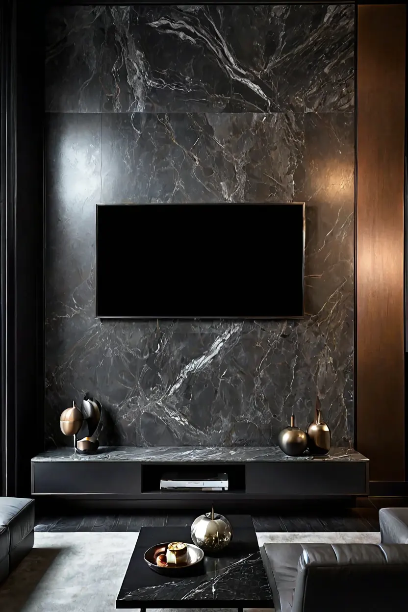 Smoked Grey Leathered Finish Smoked grey leathered marble wall texture design in a modern media room