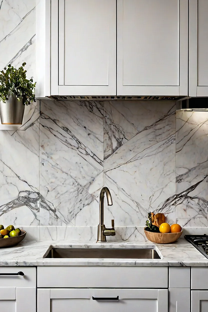 Subtle Statuary Chevron White Statuary marble wall texture design in a chevron pattern backsplash
