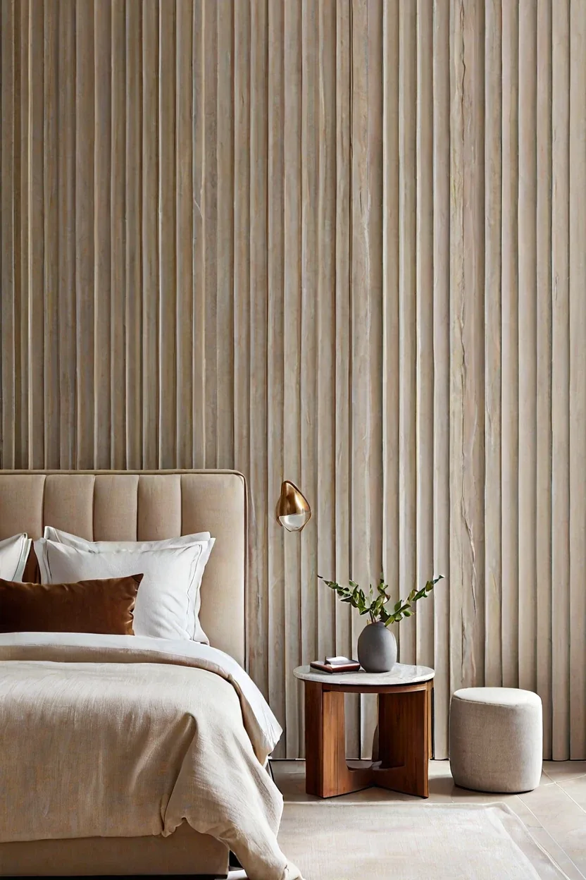 Vertical Fluted Beige Quartzite Vertical fluted beige marble wall texture design brings tactile warmth to a modern bedroom.