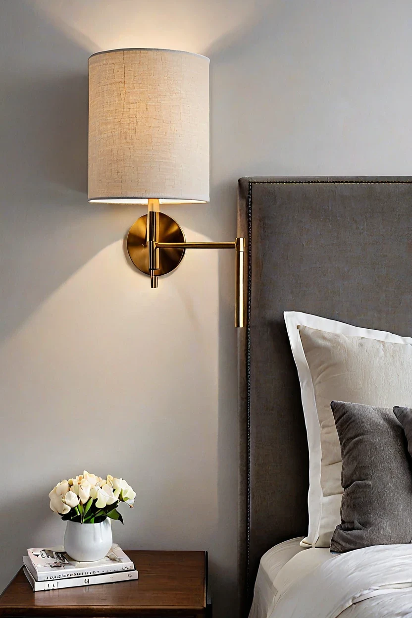 Brass Swing Arm Sconces Master bedrooms decor cozy ideas featuring brass swing arm sconces.