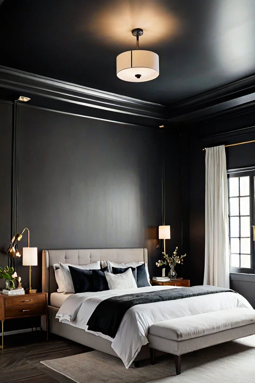 Deep Charcoal Painted Ceiling Deep charcoal painted ceiling showcased in master bedrooms decor cozy ideas inspiration