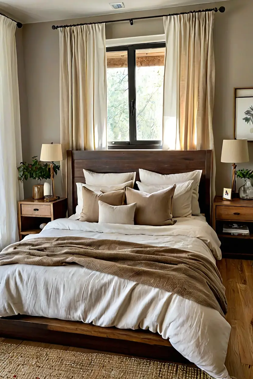 Layered Neutral Linen Bedding Master bedrooms decor cozy ideas showcasing layered neutral linen bedding and natural wood floors.