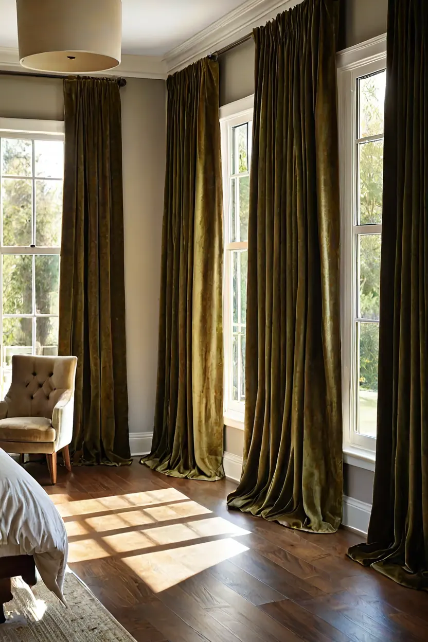 Layered Velvet Window Drapes Master bedrooms decor cozy ideas showing layered velvet window drapes.