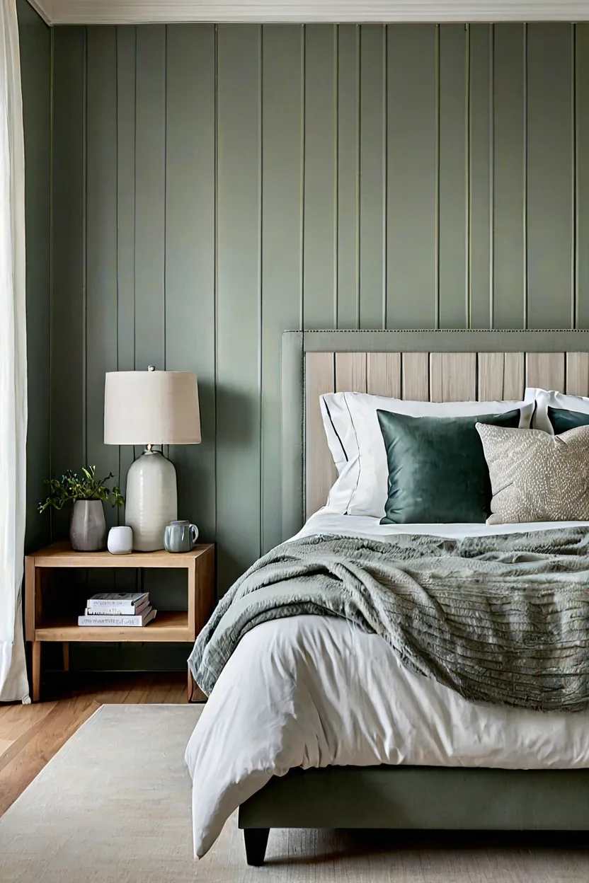 Muted Sage Board And Batten Muted sage board and batten accent wall for cozy master bedrooms decor cozy ideas