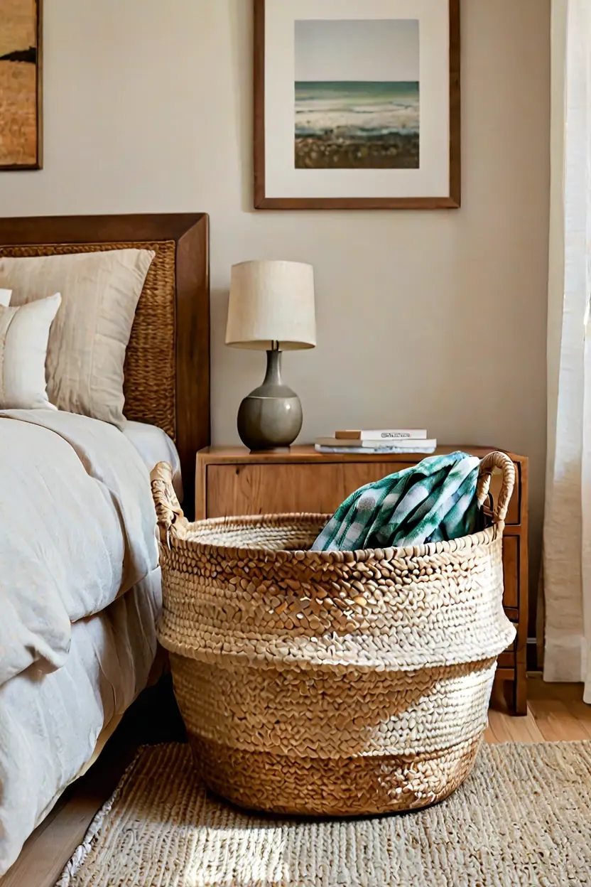 Oversized Woven Floor Basket Master bedrooms decor cozy ideas showing an oversized woven floor basket.