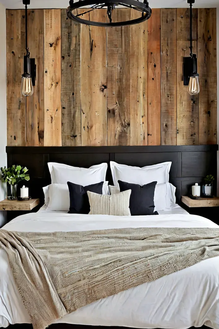 Reclaimed Wood Accent Wall Master bedrooms decor cozy ideas utilizing a reclaimed wood accent wall.
