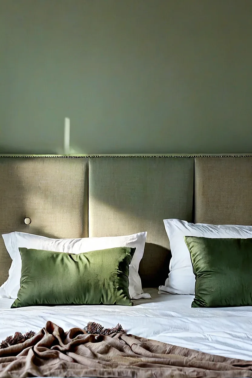 Upholstered Oatmeal Headboard Master bedrooms decor cozy ideas featuring an upholstered oatmeal headboard and sage walls.