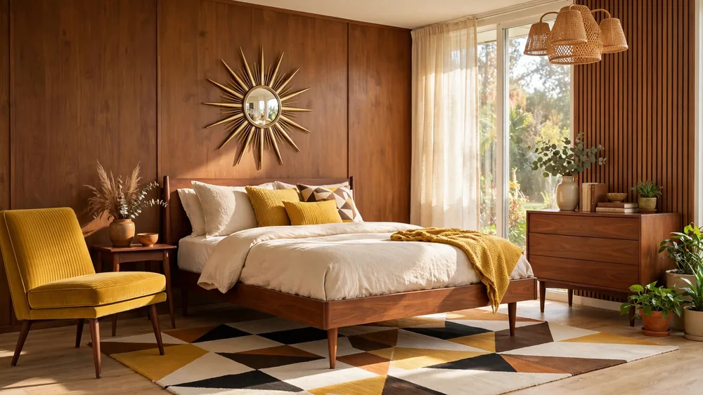 Mid-century modern bedroom with walnut platform bed and starburst mirror – home decor idea