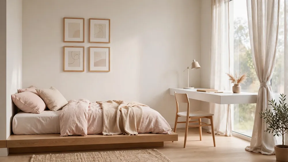 Calm minimal teen bedroom with low platform bed in blush pastels, floating white desk and framed gallery wall – home decor idea