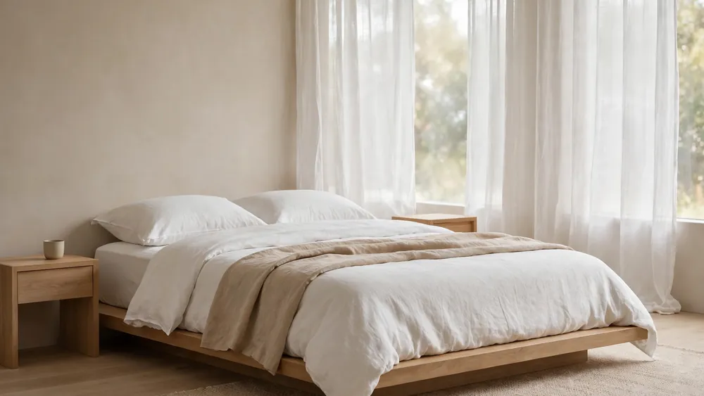 Serene minimalist bedroom with low-profile wooden platform bed, white and beige linen bedding and sheer curtains – home decor idea