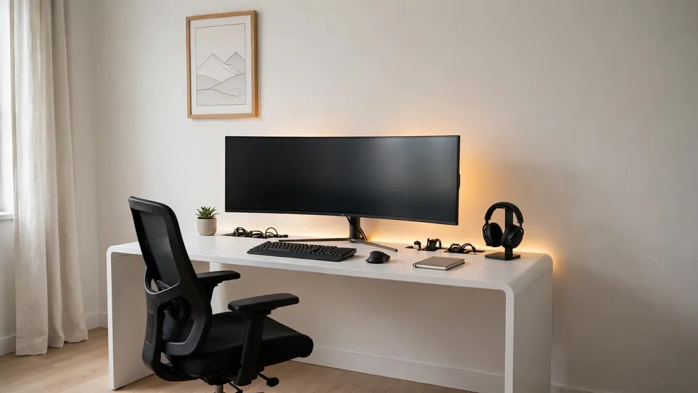 Minimalist gaming setup with white desk, ultrawide monitor, ergonomic chair and warm backlight glow – home decor idea