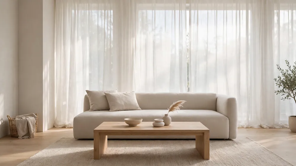 Minimalist living room with floor-to-ceiling sheer white curtains, beige sofa and light oak coffee table – home decor idea