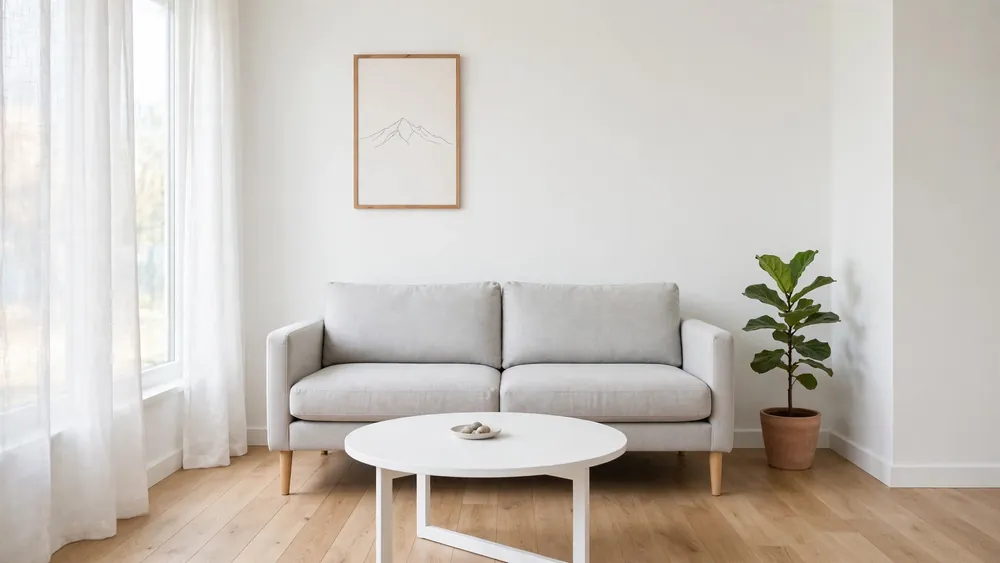 Minimalist small living room with light gray sofa, round white coffee table and fiddle leaf fig plant – home decor idea