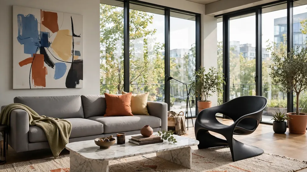 Modern living room with grey sofa, sculptural accent chair and marble coffee table – home decor idea