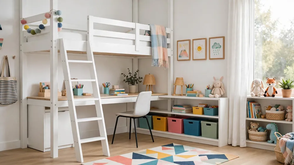 Modern kids bedroom with white loft bed, built-in desk underneath and colorful storage bins – home decor idea