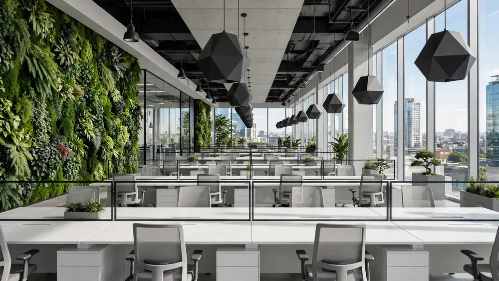 Sleek modern open-plan office with white desks and a green plant wall – home decor idea