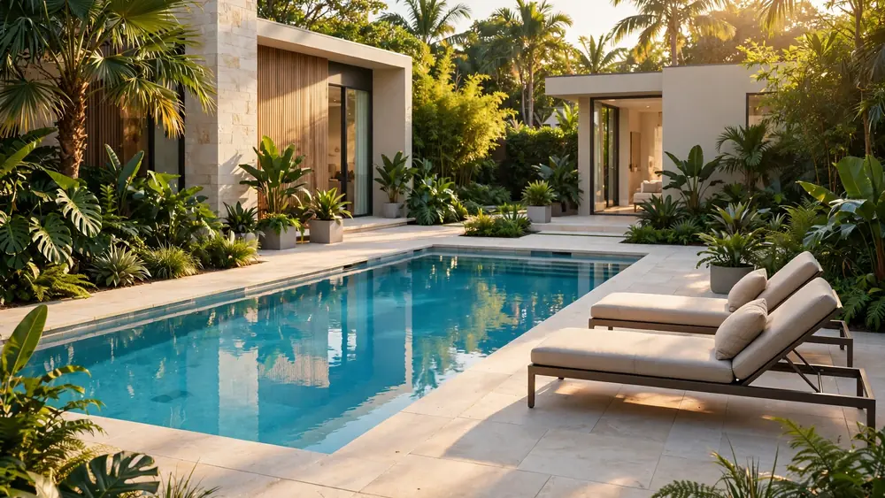Modern rectangular swimming pool with turquoise water, stone deck, lounge chairs and tropical landscaping in warm sunlight – home decor idea