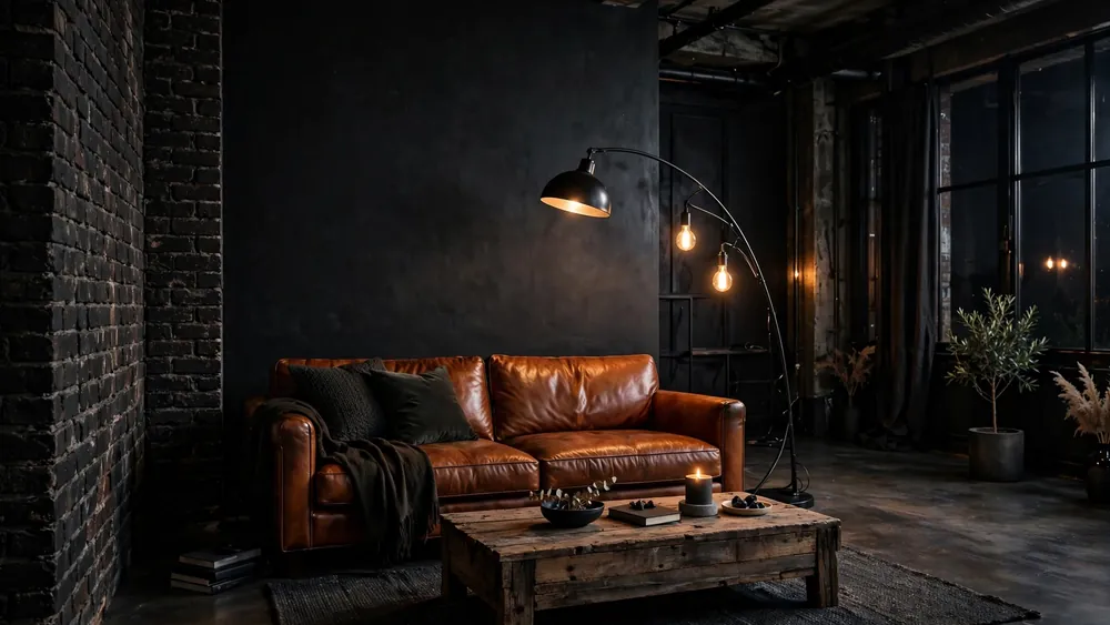 Moody industrial living room with charcoal black accent wall, exposed dark brick, cognac leather sofa and Edison bulb floor lamp – home decor idea