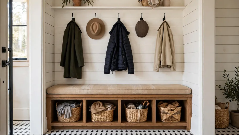 Stylish mudroom with wooden bench, storage cubbies and coat hooks – home decor idea
