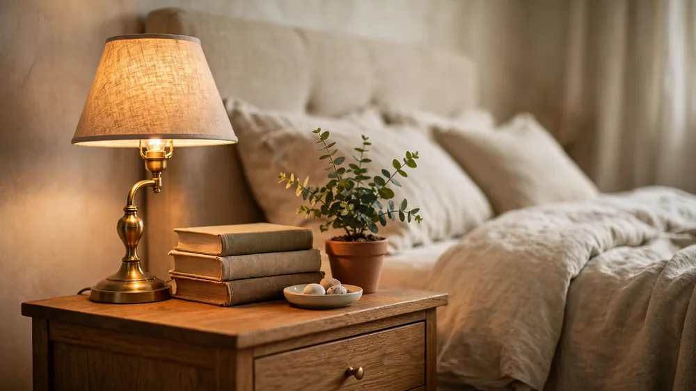 Styled nightstand with brass lamp, books and plant beside a linen bed – home decor idea