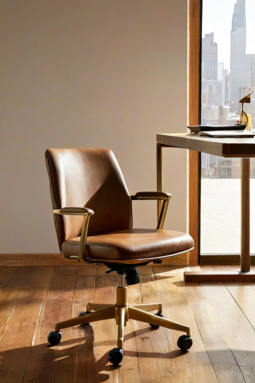 Aged Brass Rolling Task Chair Aged brass rolling task chair with tan leather for office chairs ideas inspiration in a modern home office.