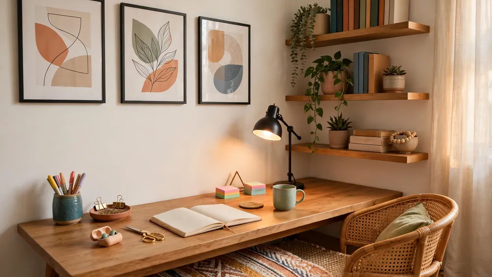 Creatively decorated office corner with wall art and styled floating shelves – home decor idea