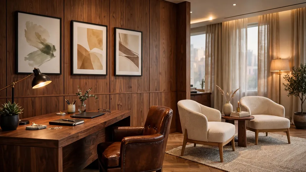 Stylish executive office interior with walnut desk and elegant seating area – home decor idea