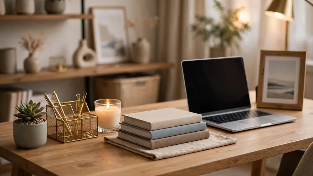 Beautifully decorated office table with succulent, organizer and design books – home decor idea