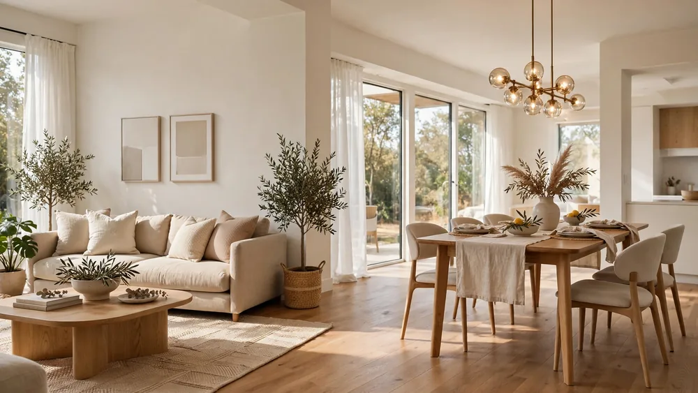 Bright open-plan living and dining room with oak floors and neutral palette – home decor idea