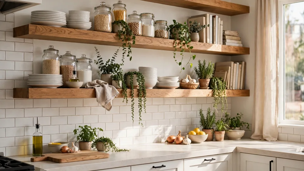 Airy kitchen with open oak shelves styled with dishes, jars and plants – home decor idea