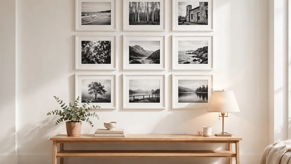 Scandinavian picture wall with grid of white frames above a console – home decor idea